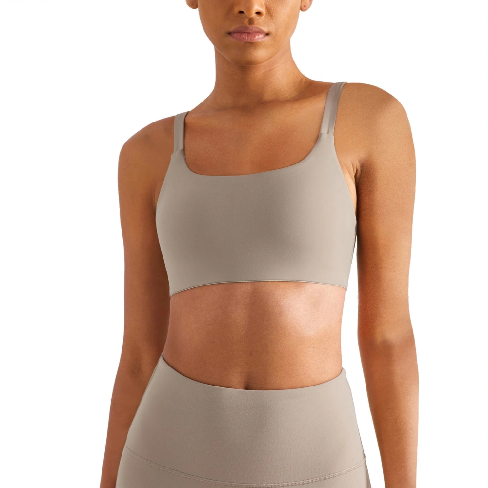 Sports Bra Skin Friendly Breathable Nylon Squared Neck Running Yoga Tank Top for Women Khaki L