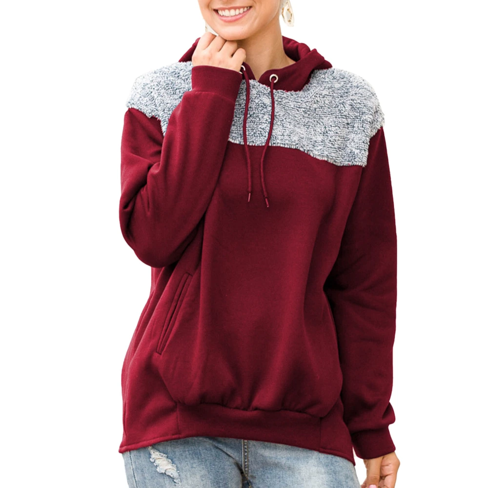 Pullover Hoodie Loose Fit Warm Long Sleeve Sweatshirts Patchwork Casual Skin Friendly Long Sleeve for Women Wine Red XXL