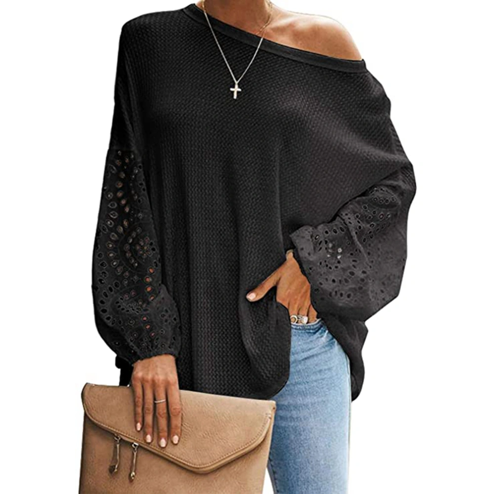 T Shirt Hollow Out Long Sleeve Skew Collar Pure Color One Shoulder Tops for Women Black M