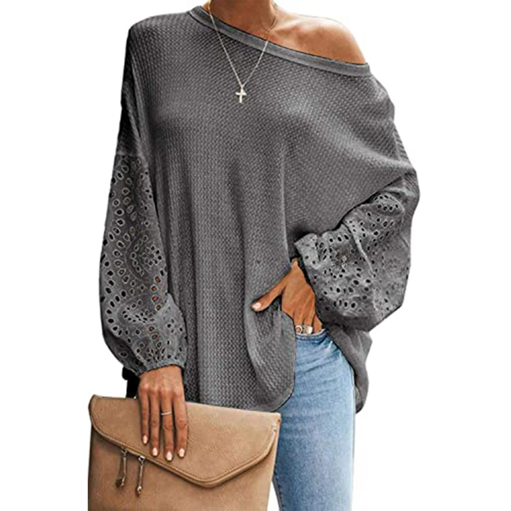 T Shirt Hollow Out Long Sleeve Skew Collar Pure Color One Shoulder Tops for Women Grey XXL