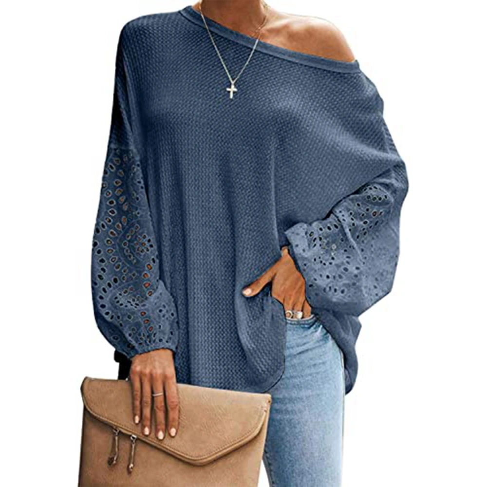 T Shirt Hollow Out Long Sleeve Skew Collar Pure Color One Shoulder Tops for Women Denim Blue L