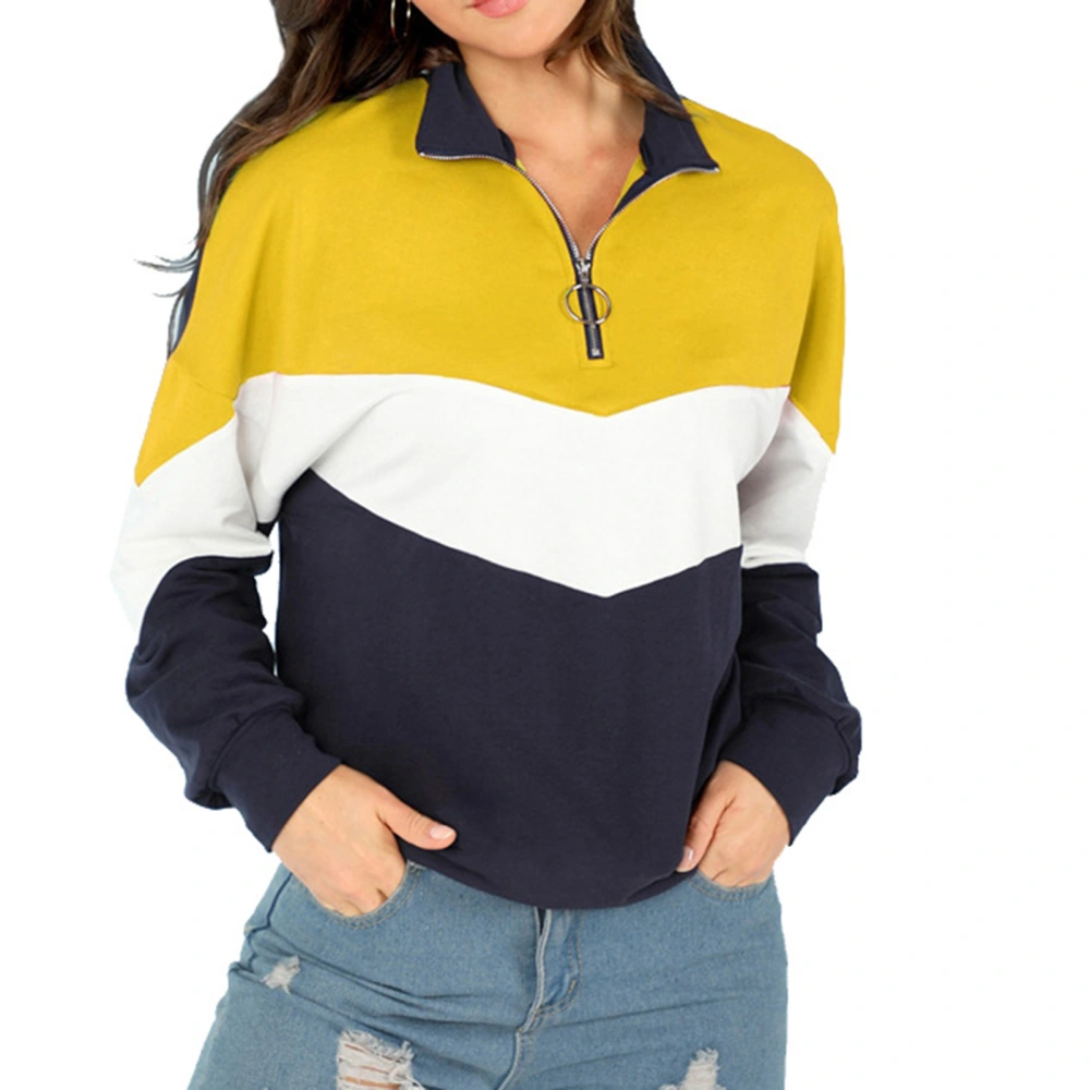 Zip Collar Pullover Colorblock Design Soft Comfortable Casual Half Zip Sweatshirt Long Sleeve Pullover for Women Yellow L