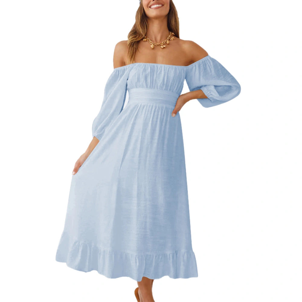 Dress Half Puff Sleeve Square Neck Backless Flounce Hem High Waist Dress for Women Blue L