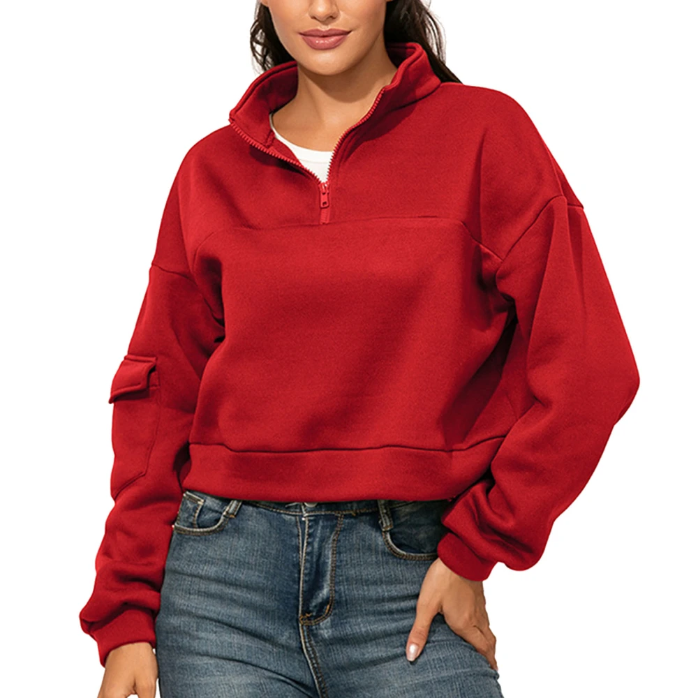 Half Zip Sweatshirt Women Pure Color Breathable Polyester Fiber Hoodless Sweatshirt Womens Casual Hoodies for Office Red L