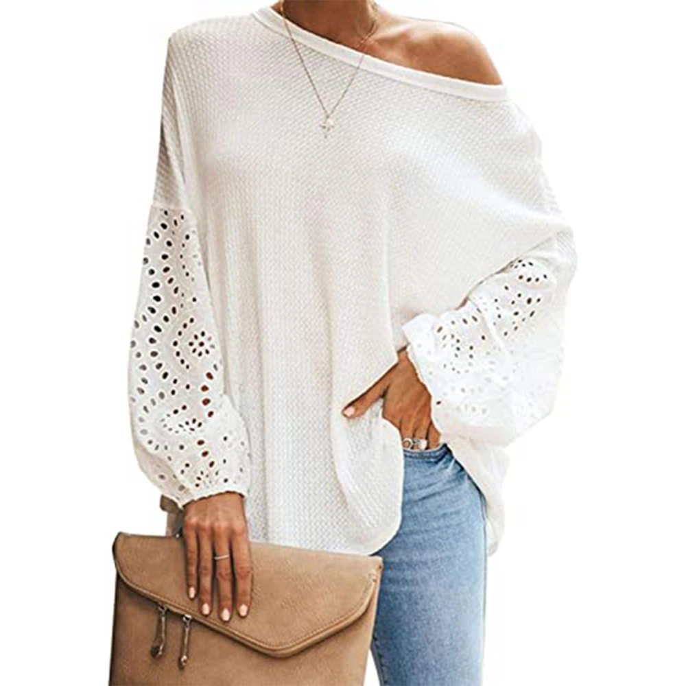 T Shirt Hollow Out Long Sleeve Skew Collar Pure Color One Shoulder Tops for Women White XXL