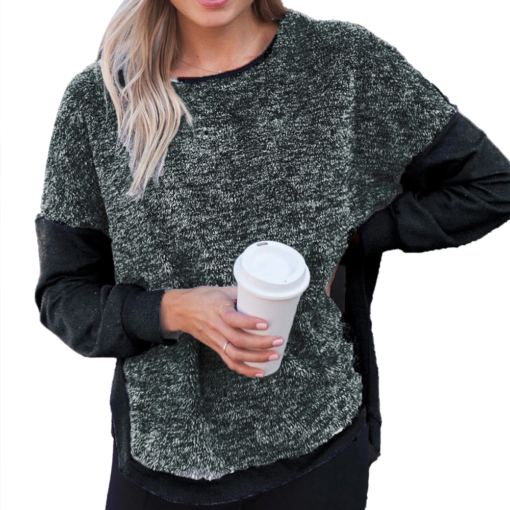 Fall Patchwork Top High Low Hem Plush Crewneck Loose Long Sleeve Top Warm Split Hem Casual for Women Dark Gray S