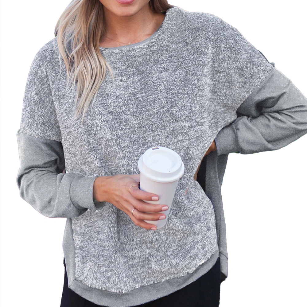 Fall Patchwork Top High Low Hem Plush Crewneck Loose Long Sleeve Top Warm Split Hem Casual for Women Light Gray L