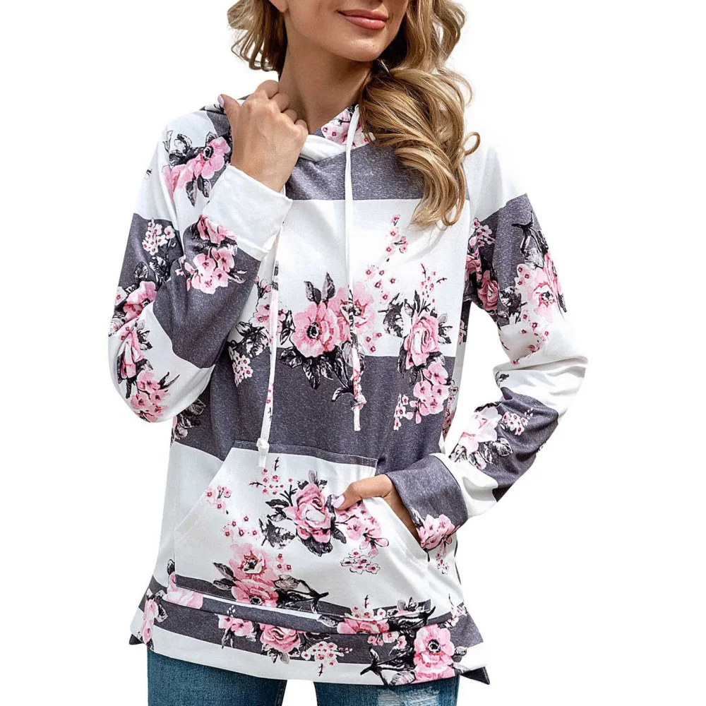 Women Hoodie Colorful Stripes Printed Patterns Long Sleeve Hooded Drawstring Fleece Sweatshirt for Daily Wear Flowers XXL