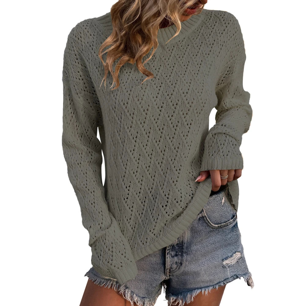 Woman Long Sleeve Crochet Sweaters Knit Pullover Hollow Out Crewneck Top for Dating Work Green L