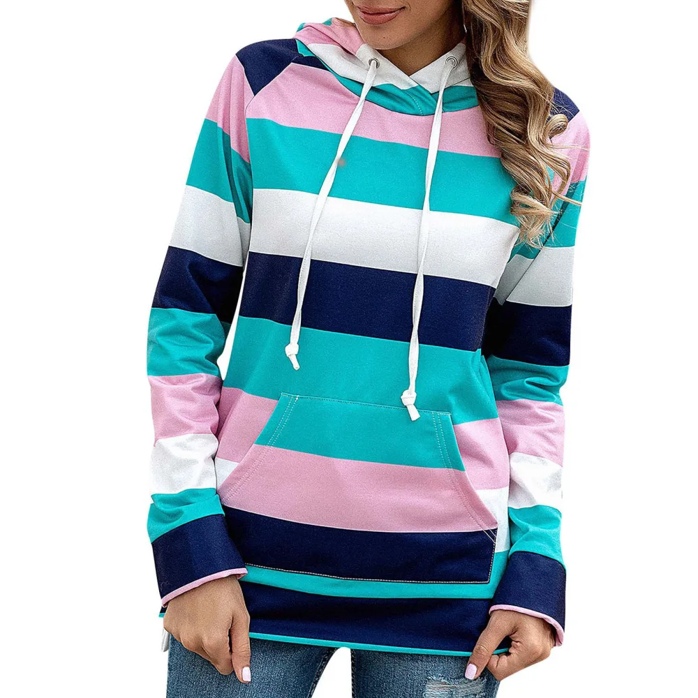 Women Hoodie Colorful Stripes Printed Patterns Long Sleeve Hooded Drawstring Fleece Sweatshirt for Daily Wear Green Stripes XL