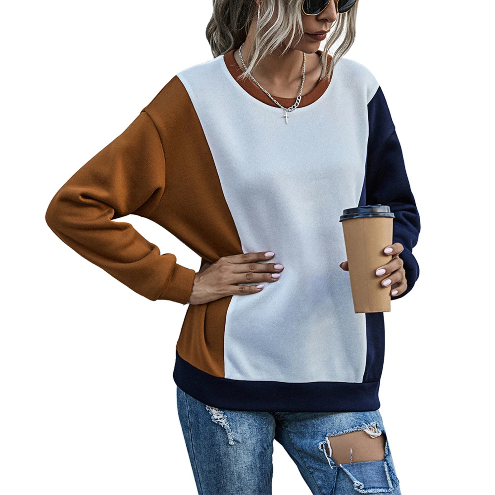 Women Sweatshirt 3 Color Splicing Loose Style Breathable Long Sleeves Autumn Winter Pullover Hoodie for Daily Coffee Navy Blue L