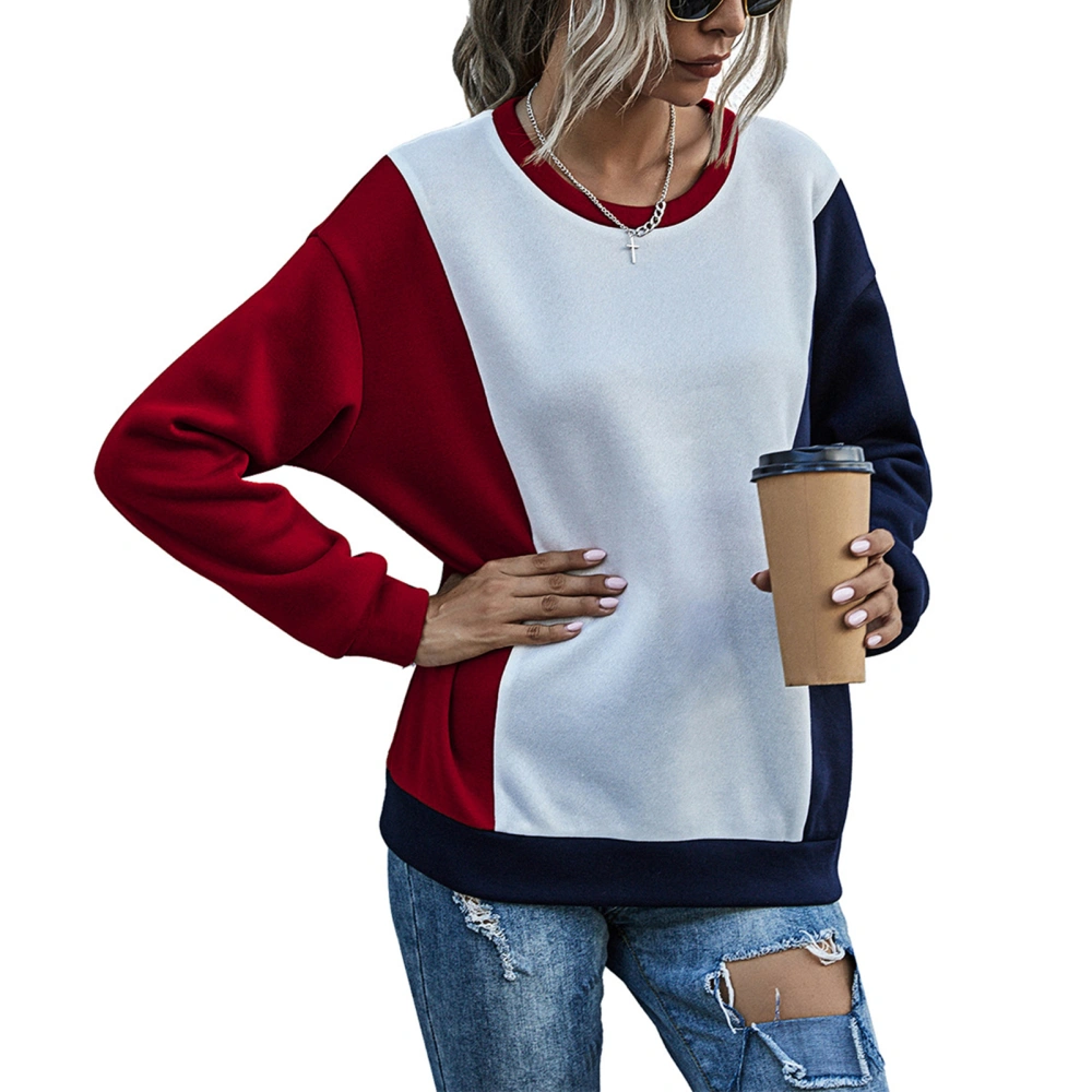 Women Sweatshirt 3 Color Splicing Loose Style Breathable Long Sleeves Autumn Winter Pullover Hoodie for Daily Wine Red Navy Blue XL