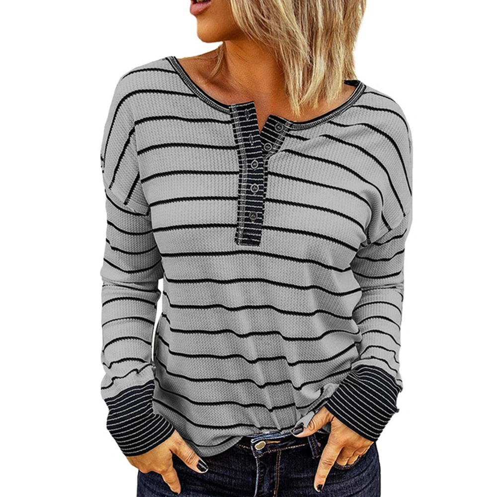 T Shirt Round Neck Long Sleeve Stripe Button Pullover Casual Loose Blouse for Women Grey XL