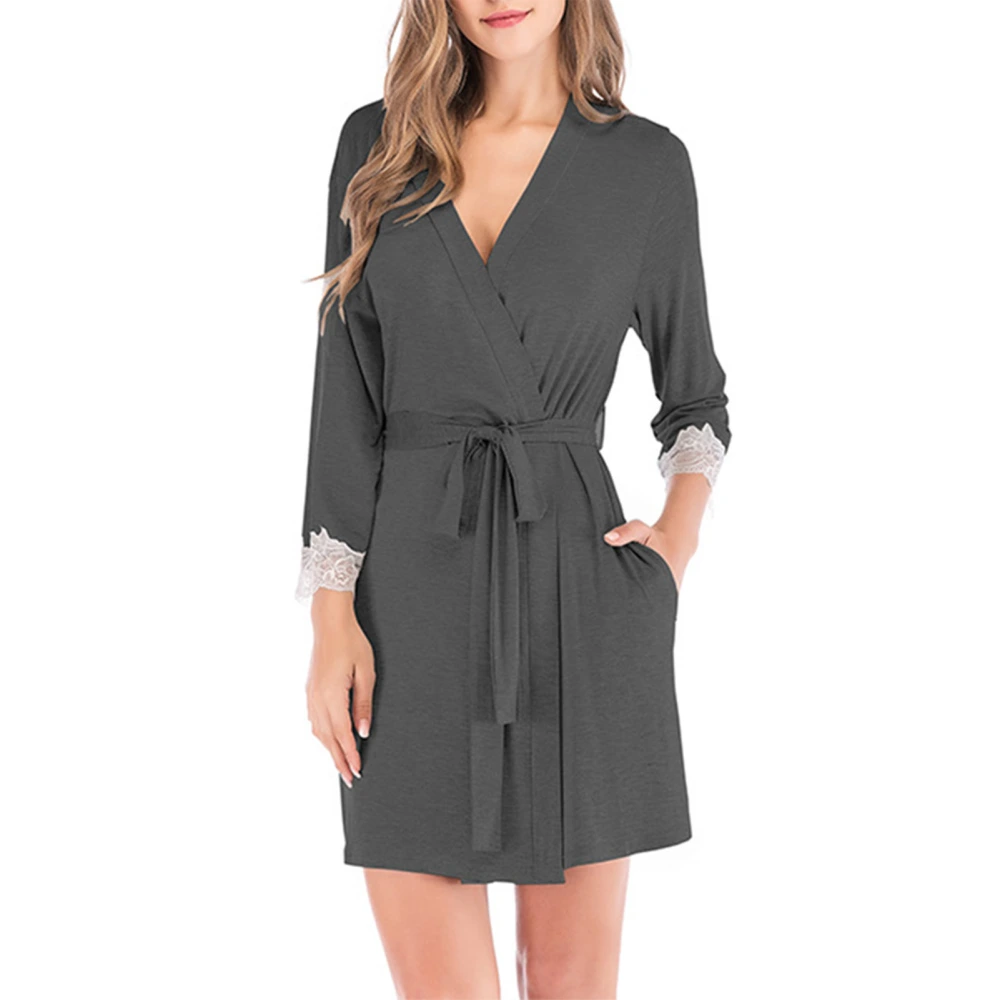 Womens Short Bathrobe Ladies V Neck Cardigan Bathrobes Three Quarter Sleeves Lace Cuffs Night Robes Thin Modal Pajamas Dark Gray XL