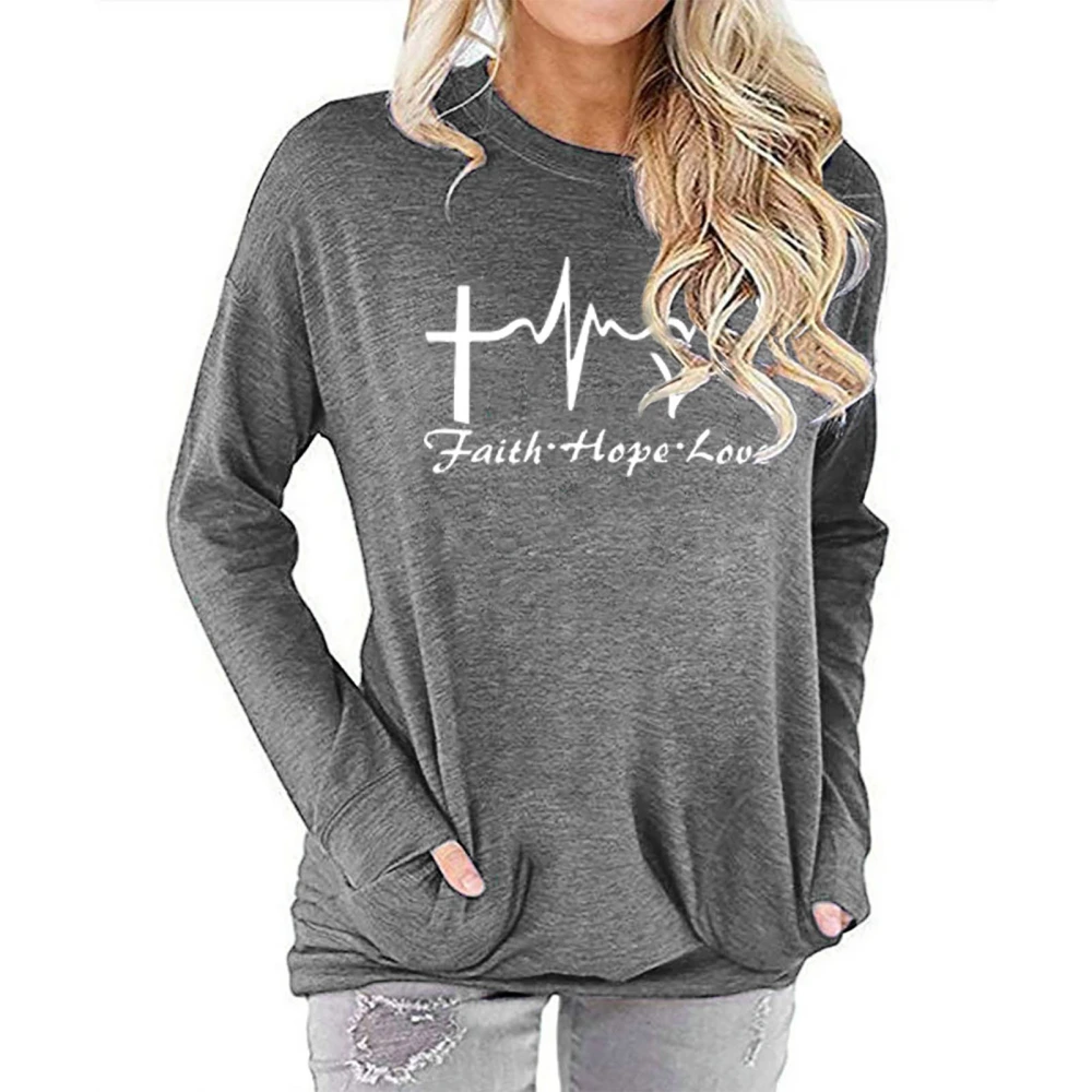 Women Sweatshirt with Pocket Round Neck Breathable Comfortable Long Sleeve Shirt for Daily Wear Light Gray L