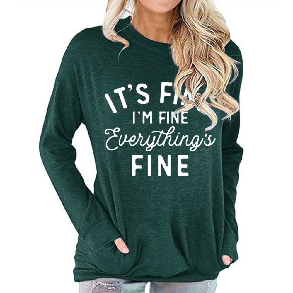 Letter Print Round Neck Long Sleeve Shirt Soft Breathable Casual Loose Top with Pockets for Work Daily Women Dark Green M