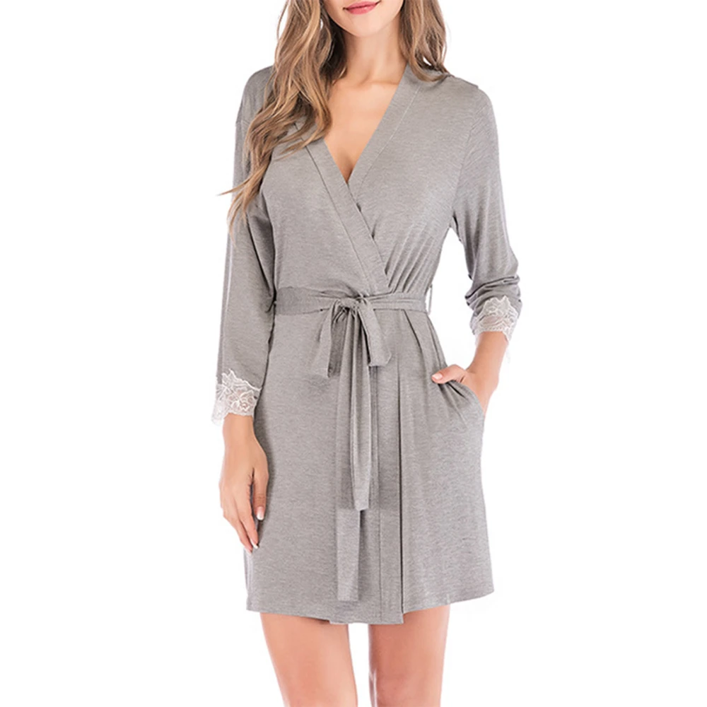 Womens Short Bathrobe Ladies V Neck Cardigan Bathrobes Three Quarter Sleeves Lace Cuffs Night Robes Thin Modal Pajamas Grey M