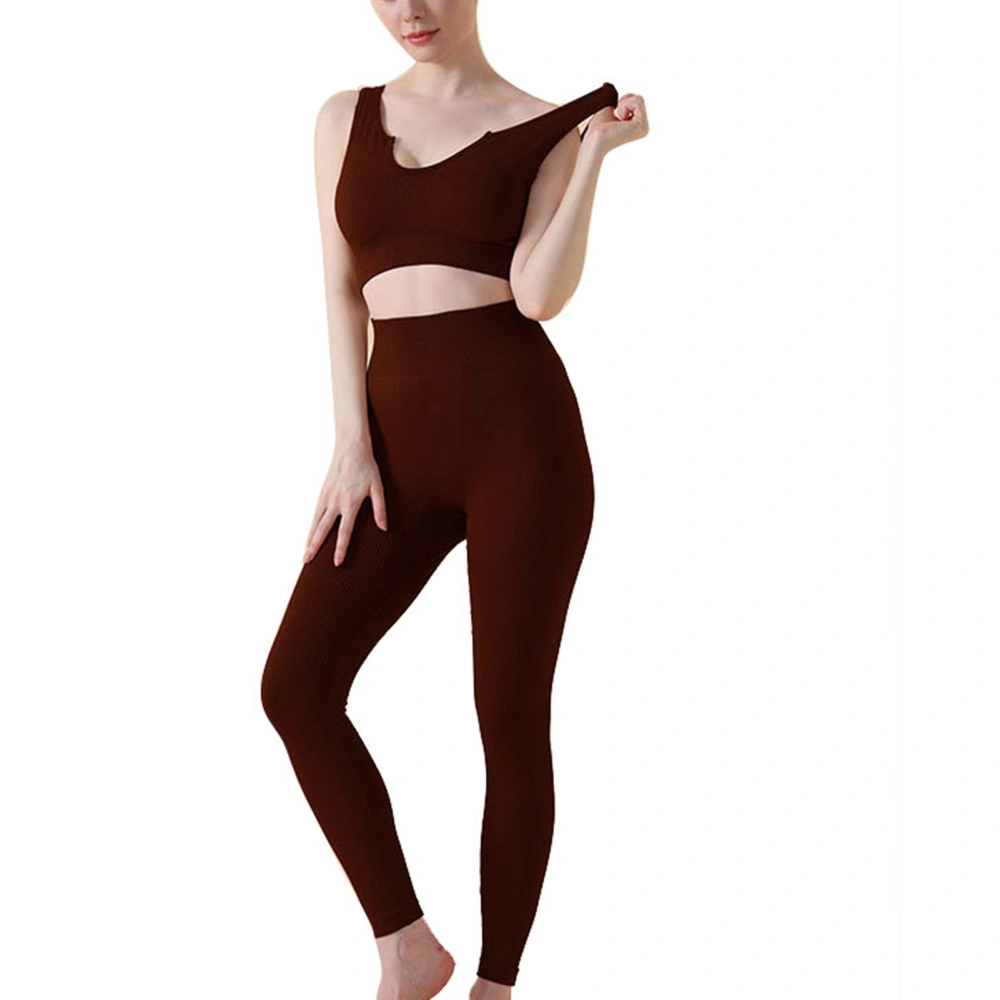 Women Ribbed Workout Outfits 2 Piece Seamless Sport Bra High Waist Yoga Leggings Set Casual Outfit Tracksuit Brown M