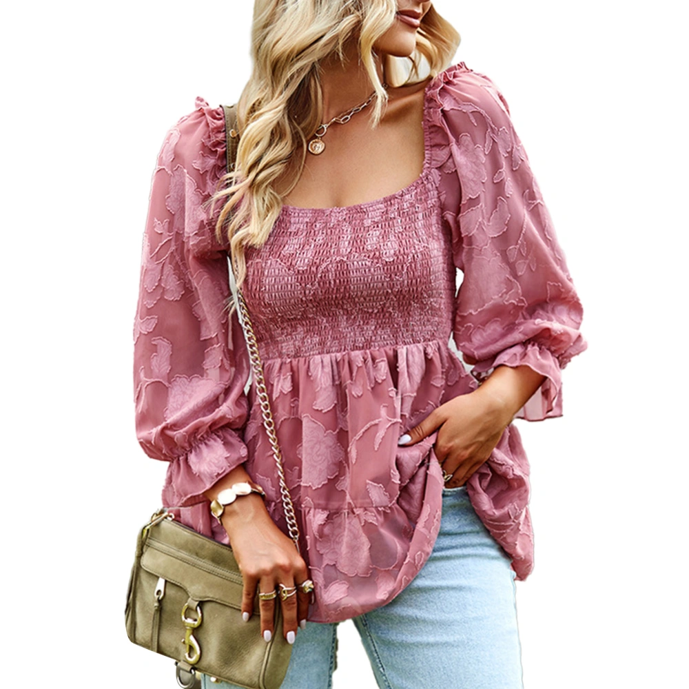 Women Shirt Top Square Neck Long Puff Sleeve Lace Ruffled Hem for Home Office Party Rose Pink S