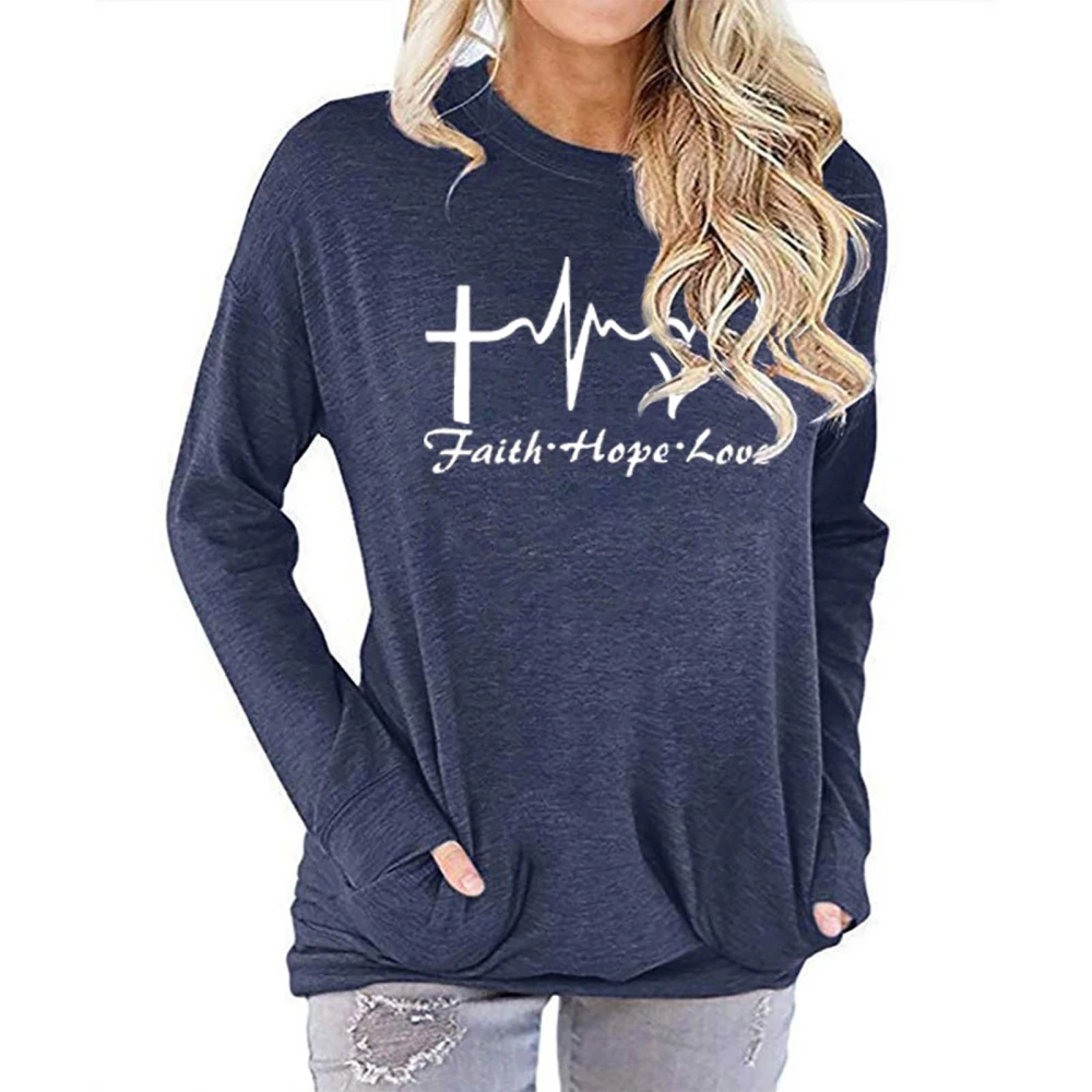 Women Sweatshirt with Pocket Round Neck Breathable Comfortable Long Sleeve Shirt for Daily Wear Dark Blue XL