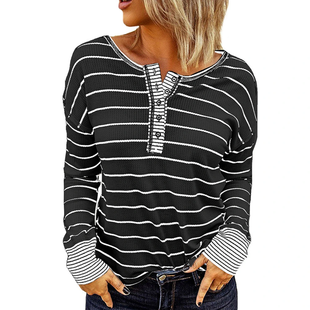 T Shirt Round Neck Long Sleeve Stripe Button Pullover Casual Loose Blouse for Women Black M