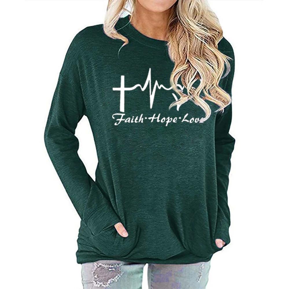 Women Sweatshirt with Pocket Round Neck Breathable Comfortable Long Sleeve Shirt for Daily Wear Dark Green M