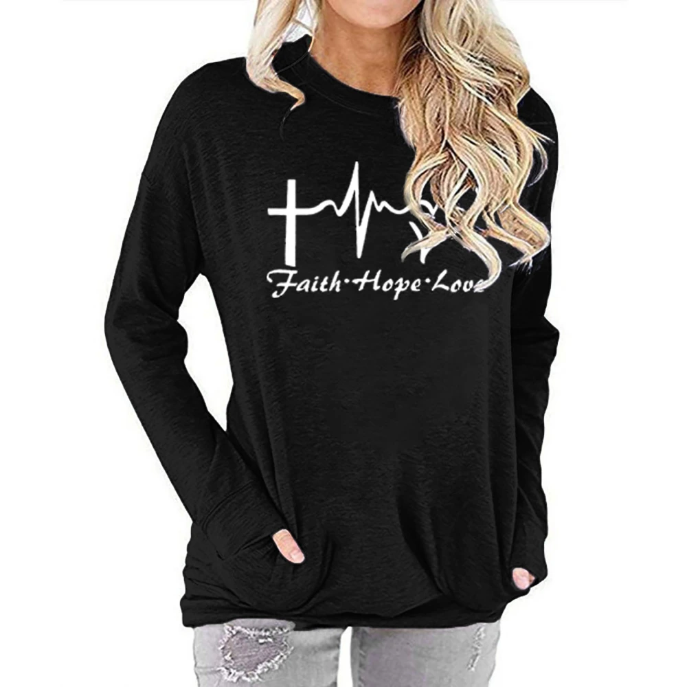 Women Sweatshirt with Pocket Round Neck Breathable Comfortable Long Sleeve Shirt for Daily Wear Black S