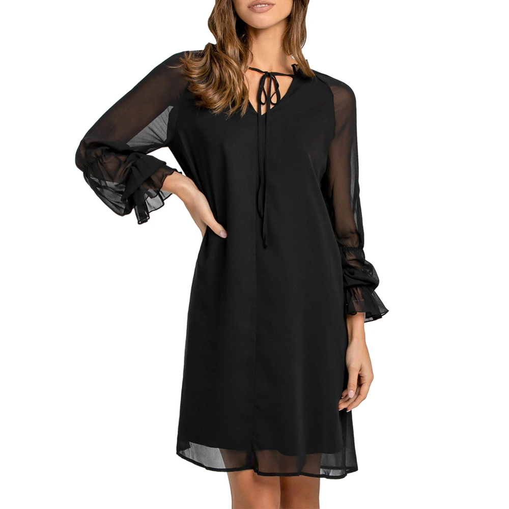 Women Tie Neck Dress Ruffled Long Sleeves V Neck Straight Swing Midi Dress for Parties Work Shopping Black L