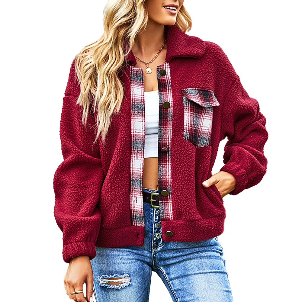 Womens Fuzzy Jackets Lapel Long Sleeve Fashionable Casual Lattice Patchwork Women Winter Fleece Outwear Red L