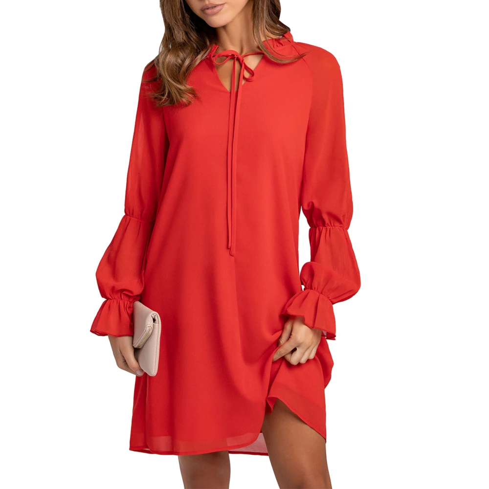 Women Tie Neck Dress Ruffled Long Sleeves V Neck Straight Swing Midi Dress for Parties Work Shopping Orange XL