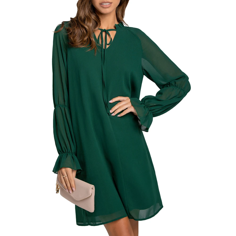 Women Tie Neck Dress Ruffled Long Sleeves V Neck Straight Swing Midi Dress for Parties Work Shopping Green M