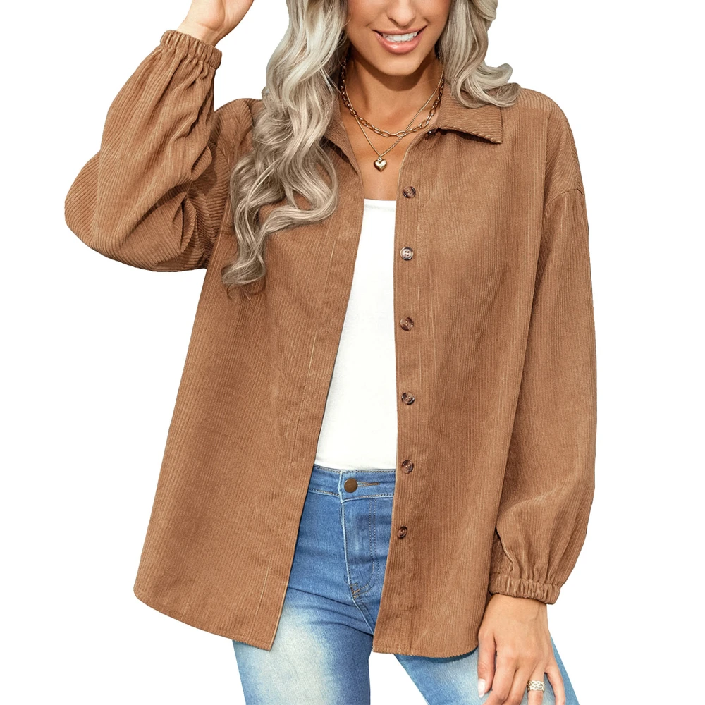 Jacket Shirt Pure Color Lapel Long Sleeve Single Breasted Casual Fashionable Tops for Women Light Tan L