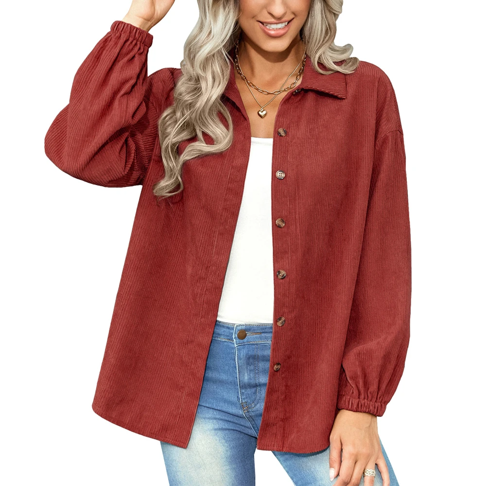 Jacket Shirt Pure Color Lapel Long Sleeve Single Breasted Casual Fashionable Tops for Women Brownish Red S