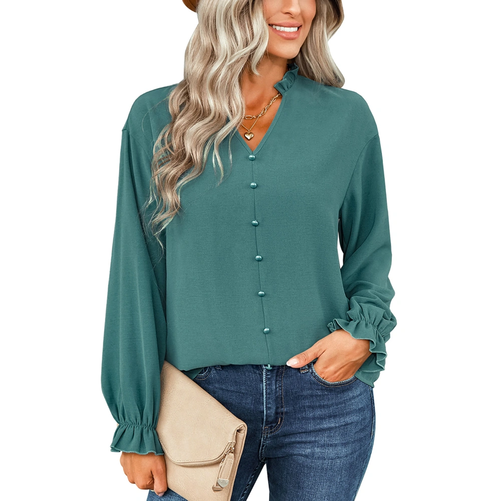 Blouse Pure Color Long Sleeve V Neck Button Down Fashionable Casual Tops for Women Lake Blue XL