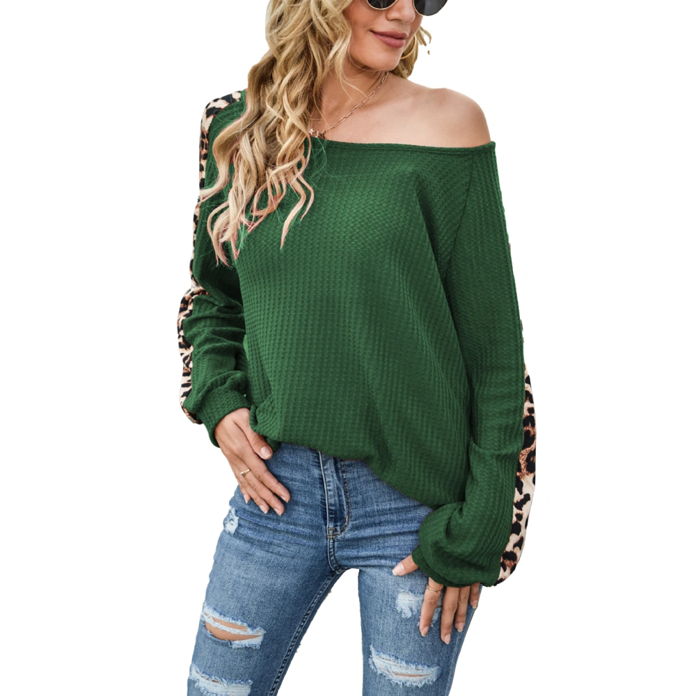 Blouse Leopard Print Long Sleeve Off Shoulder Round Neck Fashionable Tops for Women Green XXL