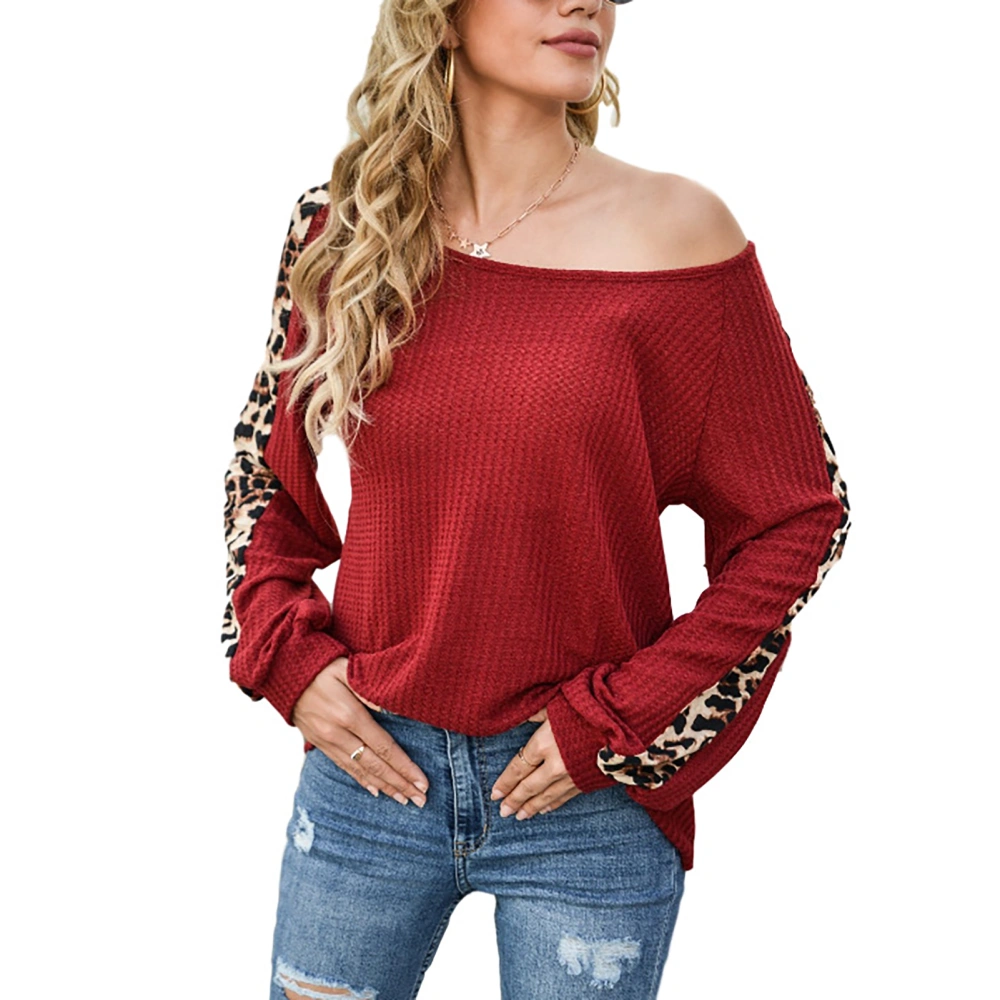 Blouse Leopard Print Long Sleeve Off Shoulder Round Neck Fashionable Tops for Women Wine Red L