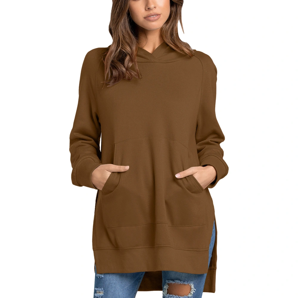 Hoodie Pure Color Long Sleeve Round Collar Pullover Fashionable Hooded Hoodie for Women Caramel Colour L