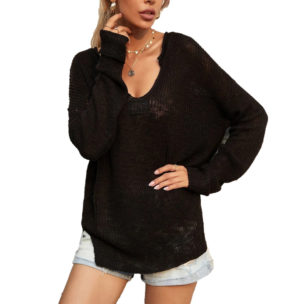 Women Hollow Out Sweater Casual V Neck Off Shoulder Long Sleeve Loose Pullover Sweater Black XL