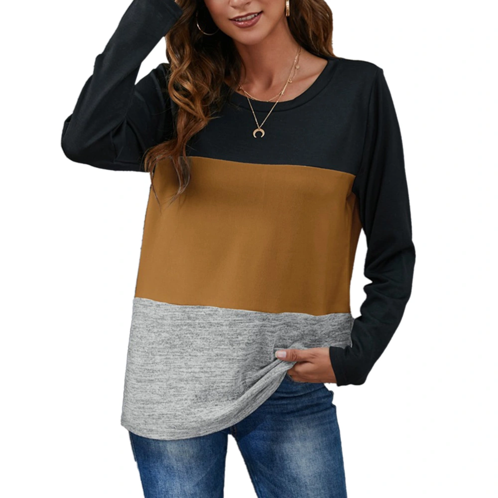 Womens Fall Top Ladies Autumn Stylish Colorblock Casual Loose Long Sleeve Top Crewneck Pullover T Shirt Khaki M