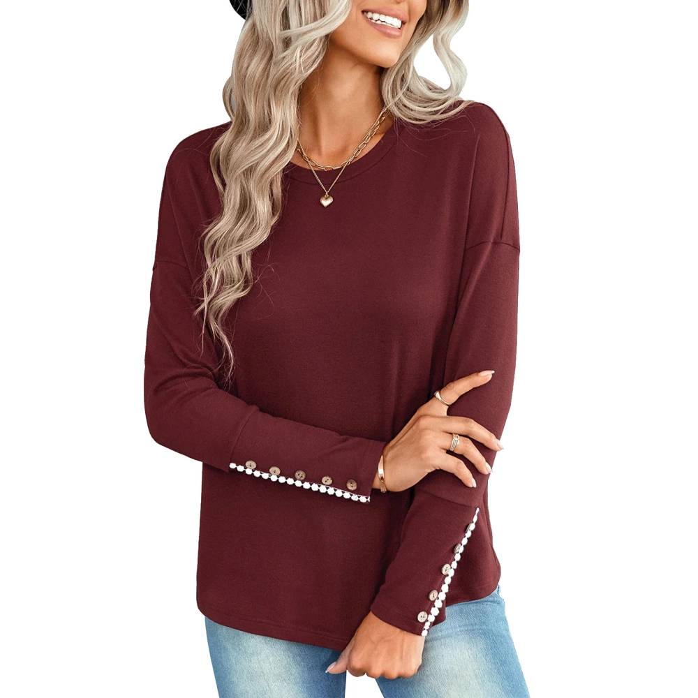 T Shirt Long Sleeve Round Neck Pure Color Lace with Buttoned Cuffs Casual Loose Tops for Women Wine Red M