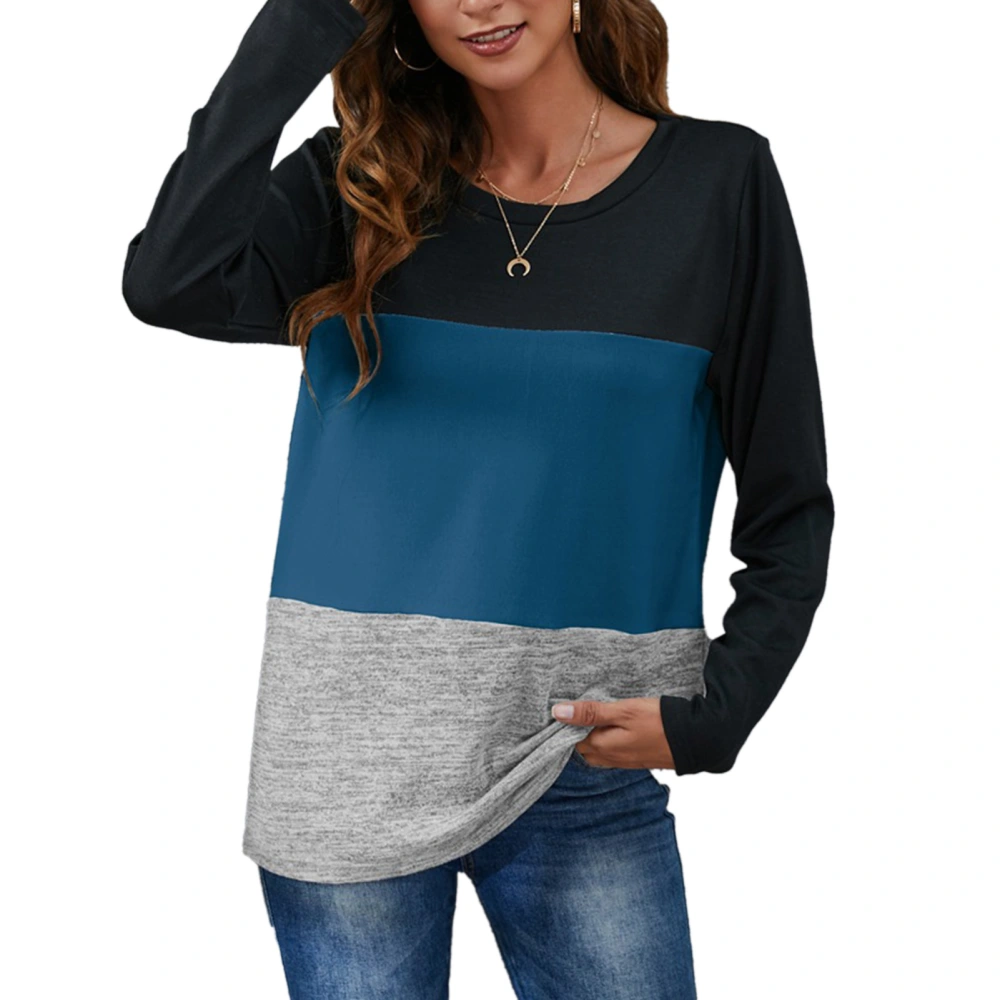 Womens Fall Top Ladies Autumn Stylish Colorblock Casual Loose Long Sleeve Top Crewneck Pullover T Shirt Blue XL