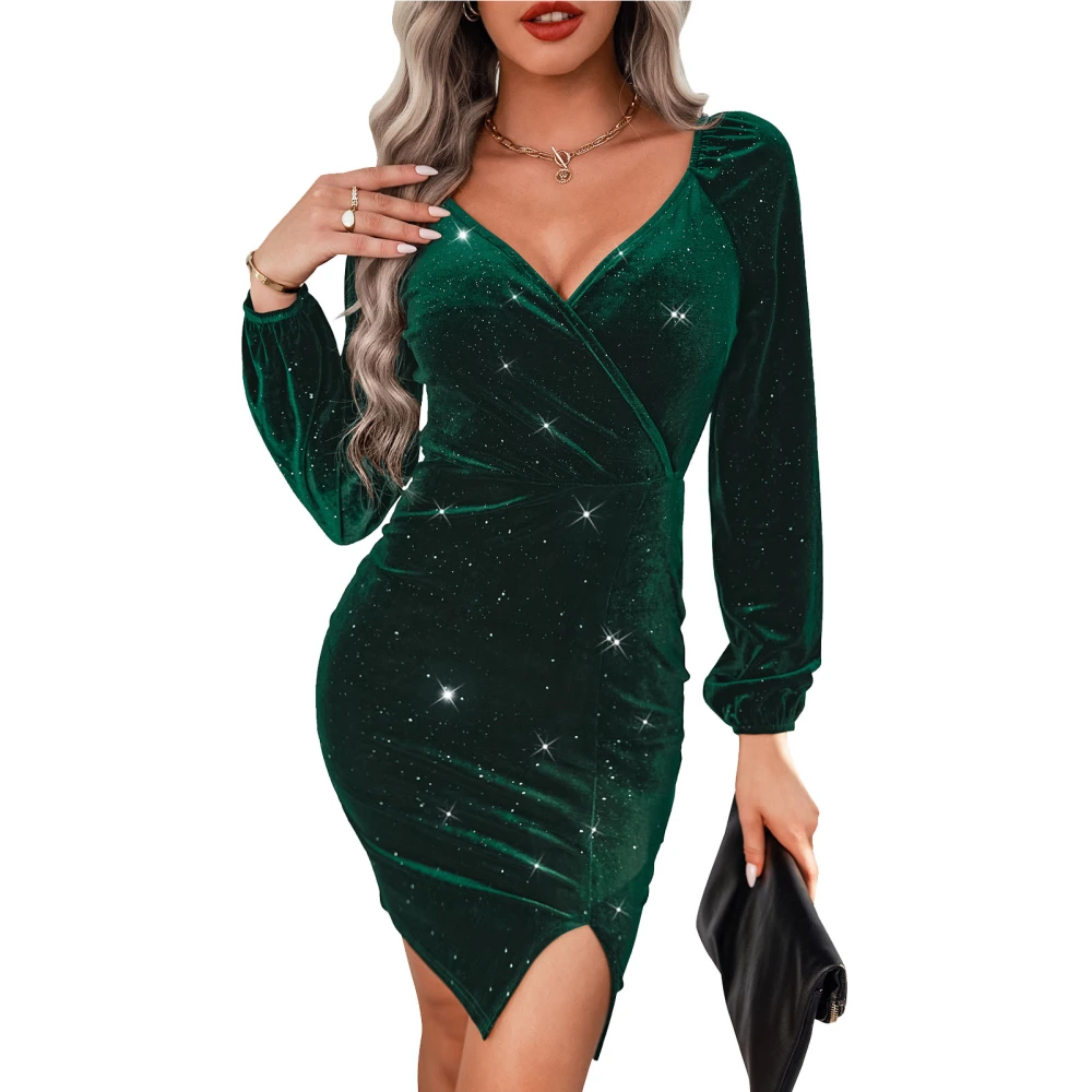 Women Wrap V Neck Long Sleeve Velvet Dress Split Hem Glitter Fashion Elegant for Party Club Holiday Dark Green XL