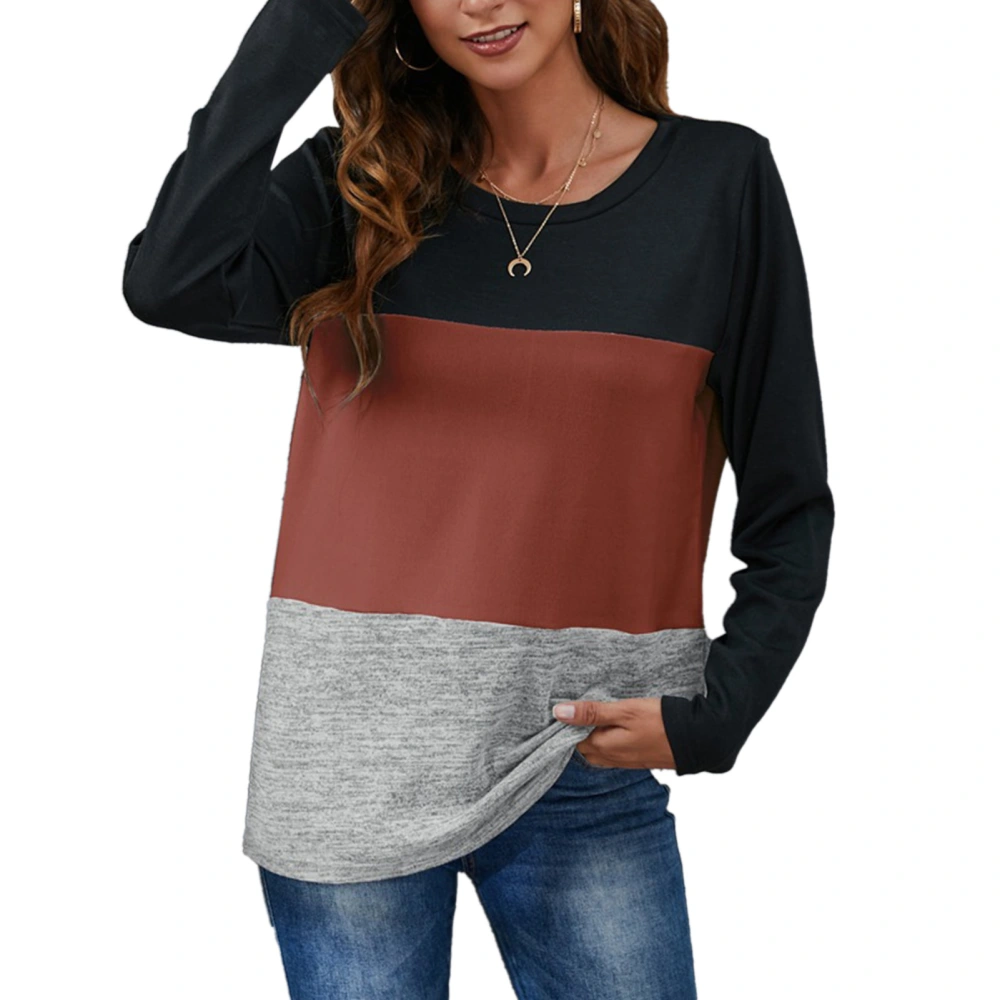 Womens Fall Top Ladies Autumn Stylish Colorblock Casual Loose Long Sleeve Top Crewneck Pullover T Shirt Wine Red XXL