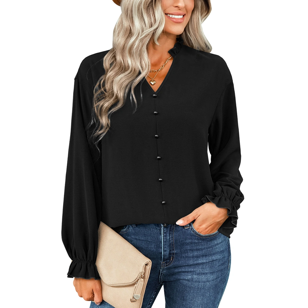 Blouse Pure Color Long Sleeve V Neck Button Down Fashionable Casual Tops for Women Black L