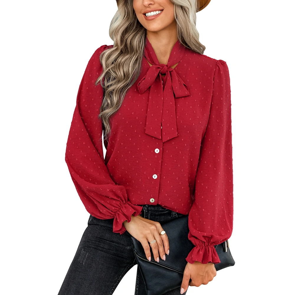 Blouse Puff Long Sleeve Elastic Cuff Bow Tie Single Breasted Elegant Casual Tops for Women Red XL