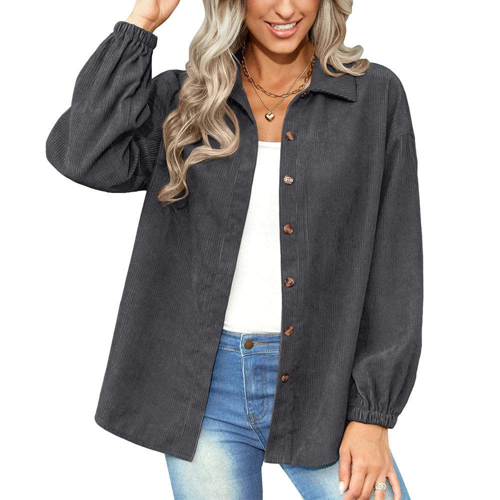 Jacket Shirt Pure Color Lapel Long Sleeve Single Breasted Casual Fashionable Tops for Women Dark Gray L