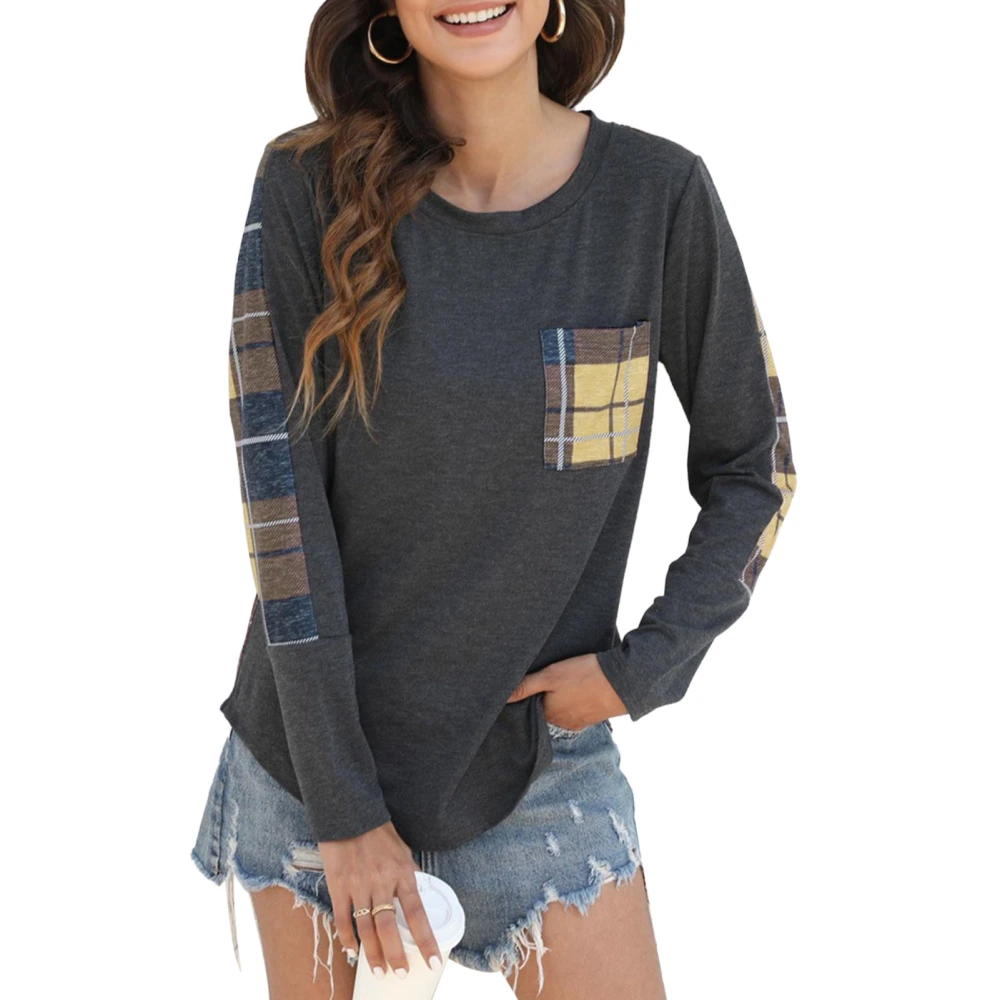 Women Top Round Neck Pullover Loose Long Sleeve Patchwork Plaid Women Blouse with Chest Pocket Yellow XL