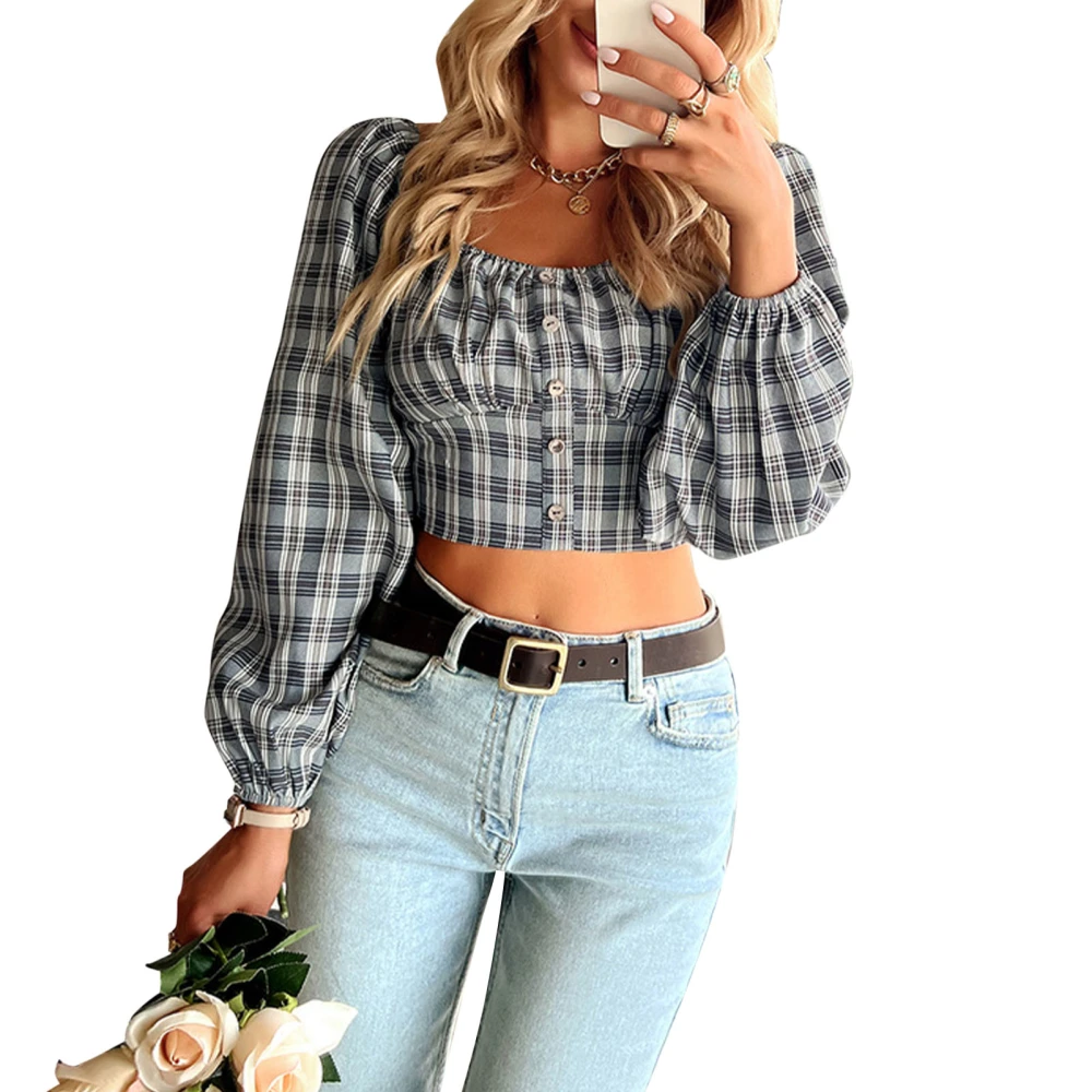 Plaid Crop Top Puff Sleeve Elastic Cuffs French Quadrate Collar Long Sleeve Crop Blouse Casual Plaid Blouse for Daily Life Grey L