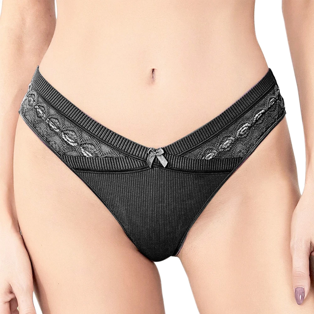 Women Thongs Hollowed Out Panties T Back Low Waist Panties Comfortable Lace Thong with Bow Black M