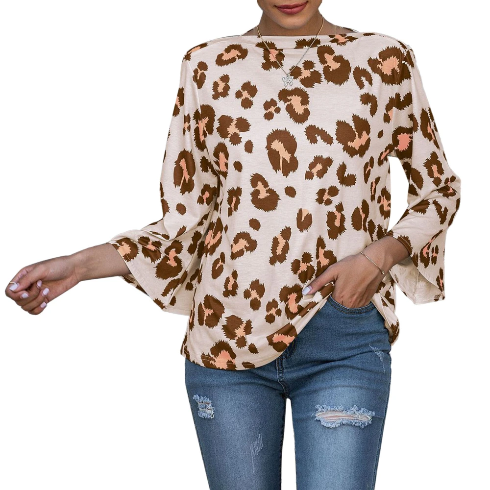 Bell Sleeve Blouse Casual Leopard Print Elegant Loose Fit Round Neck Loose Tops Blouses Brown M